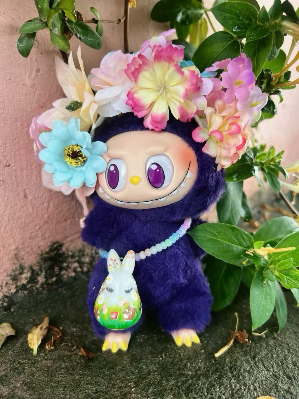 Labubu bunny bag and flower hat accessories
