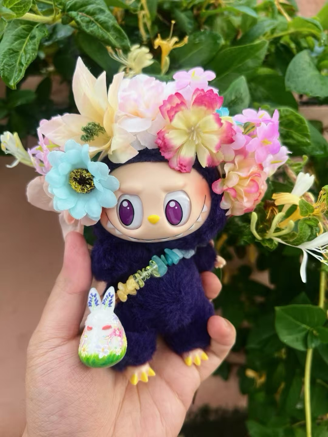 Labubu bunny bag and flower hat accessories